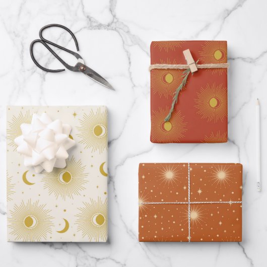 Celestial Boho Terracotta Gold Sun Moon Trendy Geschenkpapier Set (Vorderseite)