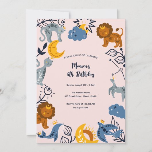 Celestial boho Tiere Geburtstag Einladung (Vorderseite)