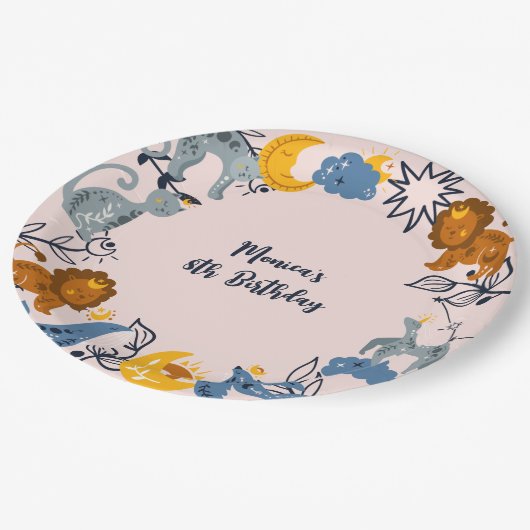 Celestial boho Tiere Geburtstag Pappteller (Schrägansicht)