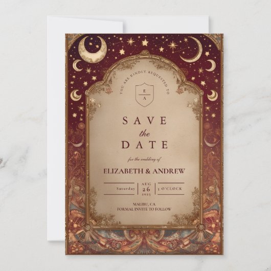 Celestial Burgundy Baroque Wedding Save The Date (Vorderseite)