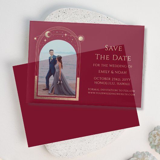 Celestial Burgundy Gold Foto Save the Date Pergament Einladungen