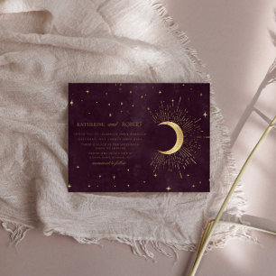 Celestial Burgundy Gold Moon and Stars Wedding Einladung