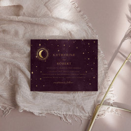 Celestial Burgundy Gold Moon and Stars Wedding Einladung