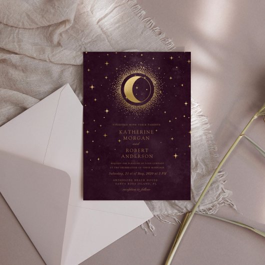 Celestial Burgundy Gold Moon and Stars Wedding Einladung