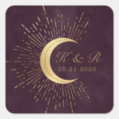 Celestial Burgundy Gold Moon and Stars Wedding Quadratischer Aufkleber (Vorderseite)
