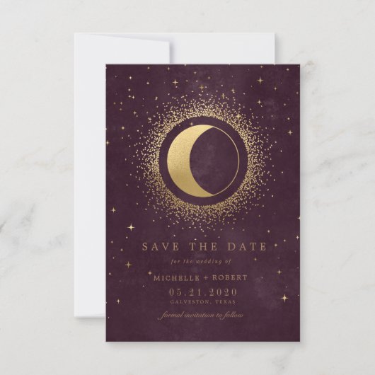 Celestial Burgundy Gold Moon Save the Date Einladung (Vorderseite)