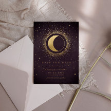 Celestial Burgundy Gold Moon Save the Date