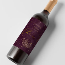 Celestial Burgundy Gold Moon Wedding Wine Label