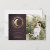 Celestial Burgundy Gold Zwei Fotos Save the Date Einladung (Vorderseite)