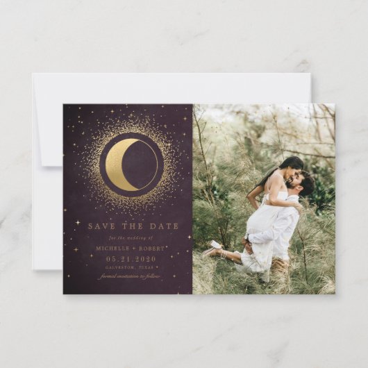 Celestial Burgundy Gold Zwei Fotos Save the Date Einladung (Vorderseite)