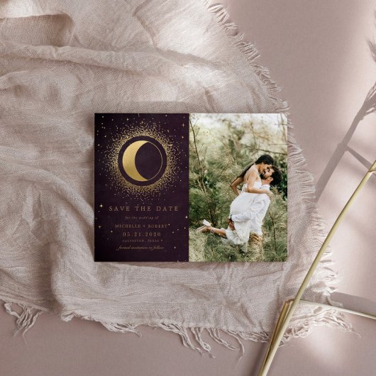 Celestial Burgundy Gold Zwei Fotos Save the Date Einladung