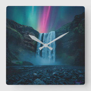 Celestial Cascade Clock - Majestic Aurora Quadratische Wanduhr