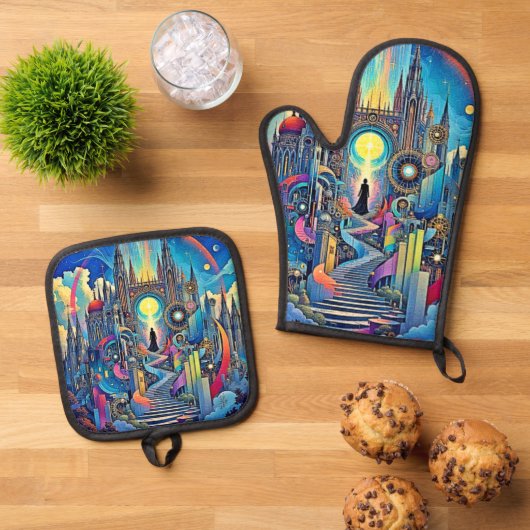 Celestial Cathedral Cityscape Ofenhandschuh & Topflappen-Set (Oben Unten)