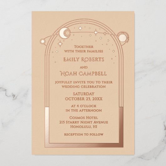 Celestial Champagne Gold Sun Moon Stars Hochzeit Folieneinladung (Vorderseite)
