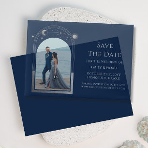Celestial Chic Blue Silver Foto Wedding Pergament Einladungen