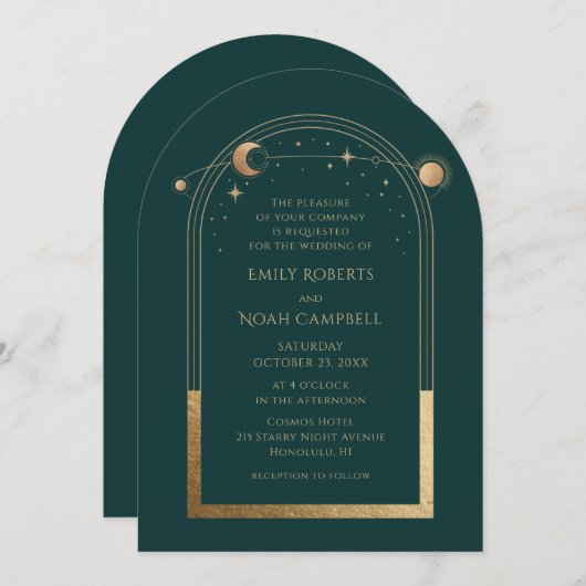 Celestial Chic Green Gold Sun Moon Stars Space Einladung (Vorne/Hinten)