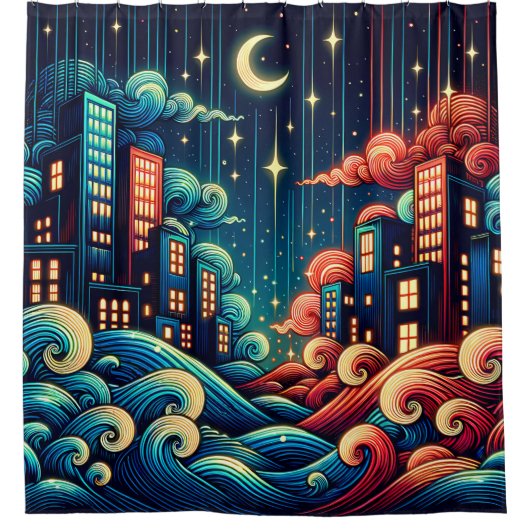 "Celestial Cityscape with Whimsical Waves" Duschvorhang (Vorderseite)