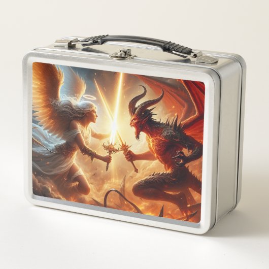 Celestial Clash: Red & Gold Metall Brotdose (Vorderseite)
