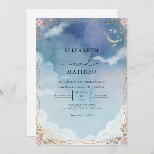 Celestial Cloud Bloom Wedding Einladung (Vorne/Hinten)