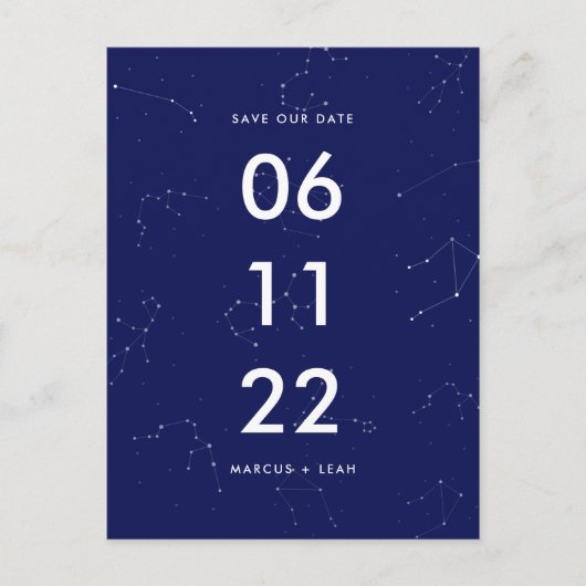 Celestial Constellation Blue Stars Save the Date Postkarte (Vorderseite)