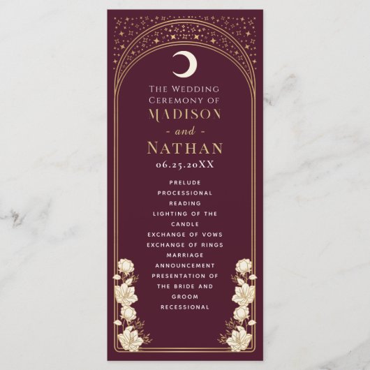 Celestial Cranberry Elegantes Jugendstil Hochzeit Programm (Vorderseite)