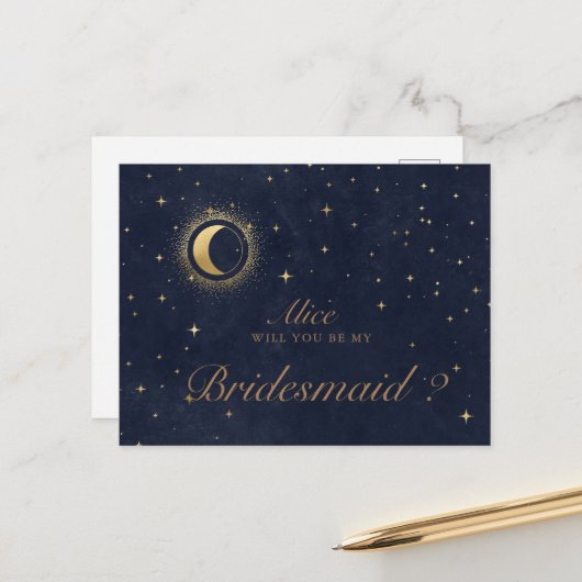 Celestial Crescent Moon Bridesmaid Einladung Postkarte (Vorderseite/Rückseite Beispiel)
