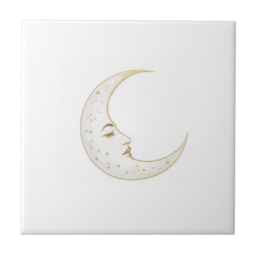 Celestial Crescent Moon Face Gold Silver White Fliese (Vorderseite)