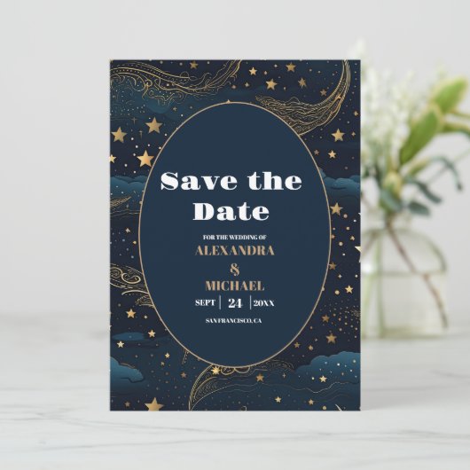 Celestial Crescent Moon Gold Wedding Save The Date (Stehend Vorderseite)