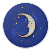 Celestial Crescent Moon mit Gesicht Gold Dunkelbla Keramikknauf (Vorderseite)