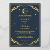 Celestial Crescent Moon Navy Blue Wedding Gold Folieneinladung (Vorderseite)
