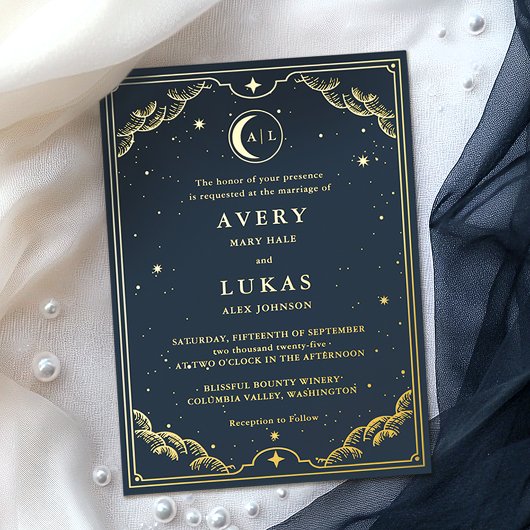 Celestial Crescent Moon Navy Blue Wedding Gold Folieneinladung