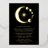 Celestial Crescent Moon Phases Black Wedding Gold Folieneinladung (Vorderseite)