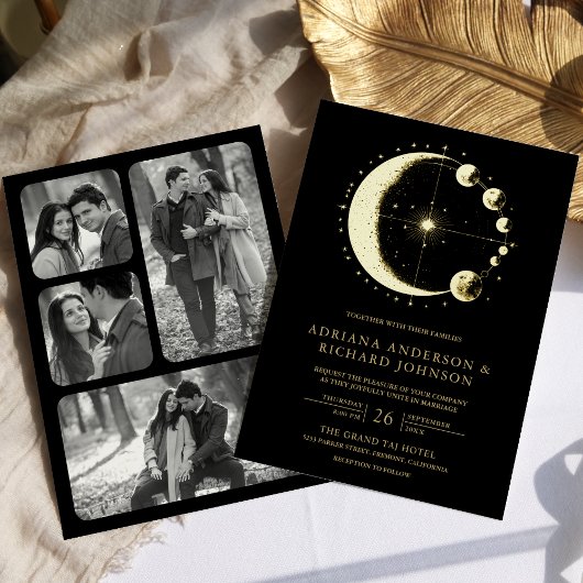 Celestial Crescent Moon Phases Black Wedding Gold Folieneinladung