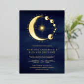 Celestial Crescent Moon Phases Blue Wedding Gold Folieneinladung (Stehend vorne)