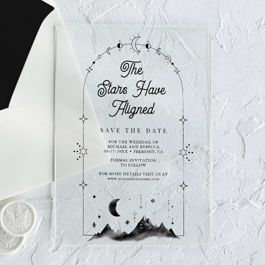Celestial Crescent Moon Wedding Save the Date Acryleinladungen