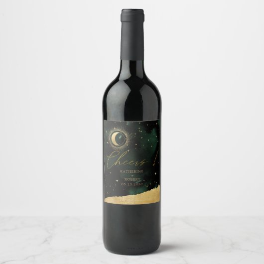 Celestial Crescent Moon Wedding Wine Label Set Weinetikett (Vorderseite)