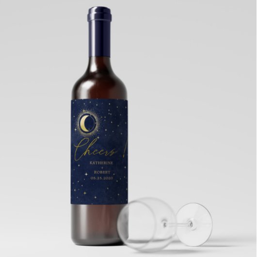 Celestial Crescent Moon Wedding Wine Label Set Weinetikett