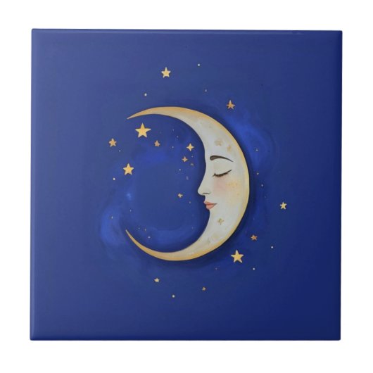 Celestial Crescent Moon with Face Gold Dark Blue Fliese (Vorderseite)