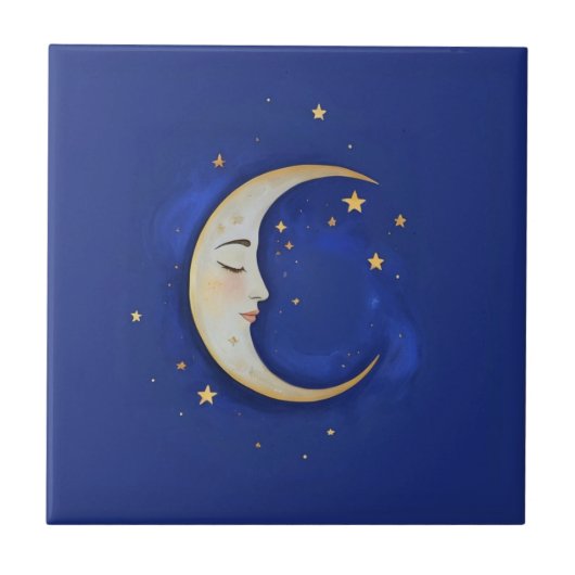 Celestial Crescent Moon with Face Gold Dark Blue Fliese (Vorderseite)