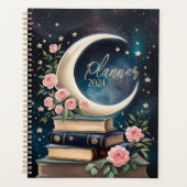 Celestial Cresent Moon mit Büchern und Rose Planer (Vorderseite)