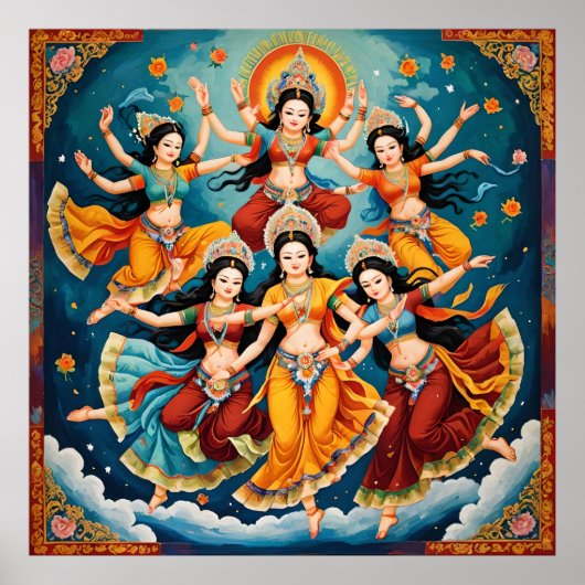 Celestial Dancers Procession - Thangka & Kalamkari Poster (Vorne)