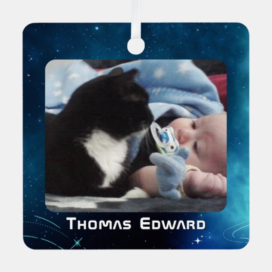 Celestial Deep Blue Outer Space Baby's Birth Ornament Aus Metall (Vorderseite)