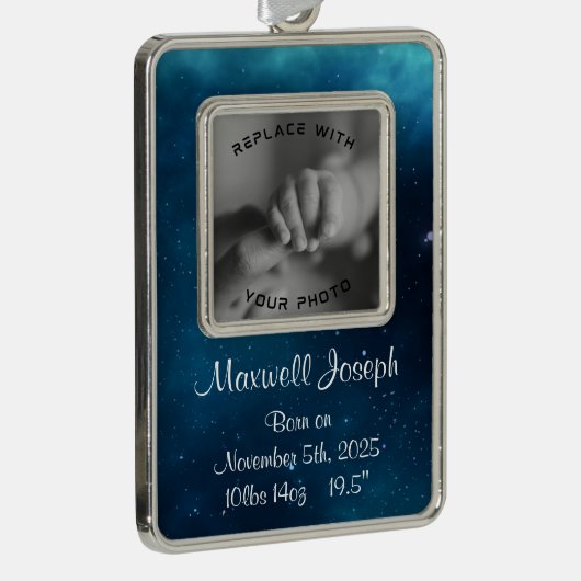 Celestial Deep Blue Outer Space Birth Keepake Rahmen-Ornament Silber (Rechts)