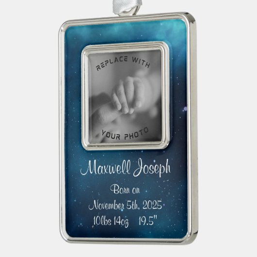 Celestial Deep Blue Outer Space Birth Keepake Rahmen-Ornament Silber (Links)