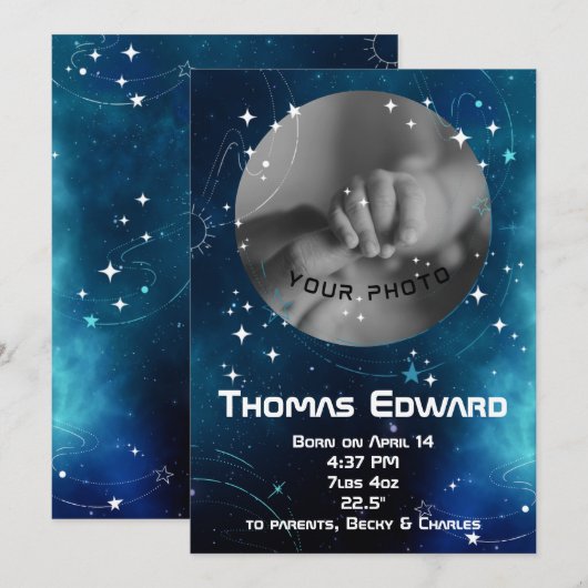 Celestial Deep Blue Outer Space Neugeborene Ankündigung (Vorne/Hinten)