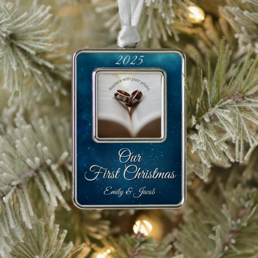 Celestial Deep Blue Unsere ersten Weihnachten geme Rahmen-Ornament Silber (Baum)