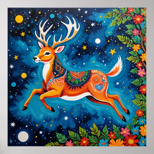Celestial Deer - Gond Art in the Stars Poster (Vorne)