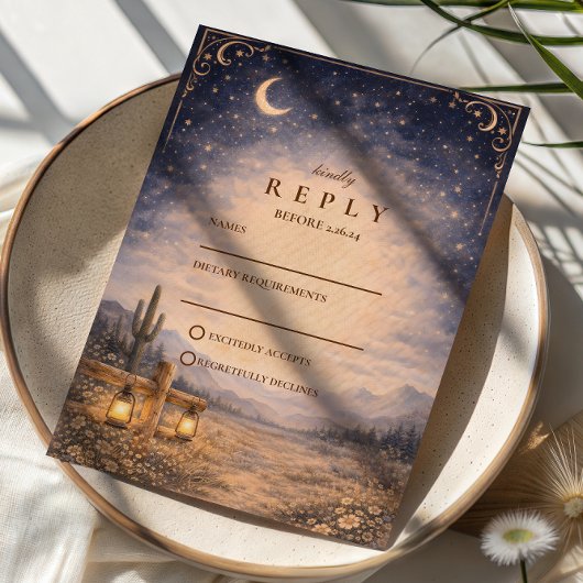 Celestial Desert Moonlit Western Wedding RSVP Karte
