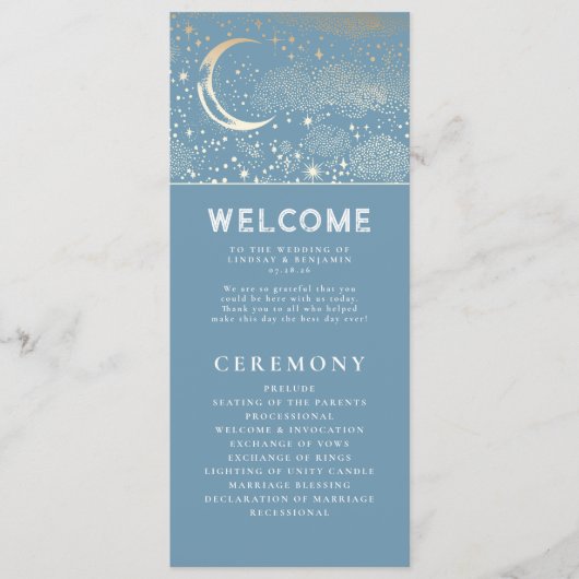 Celestial Dusty Blue and Gold Wedding Programs Programm (Vorderseite)