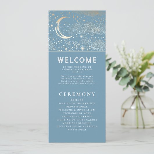 Celestial Dusty Blue and Gold Wedding Programs Programm (Stehend Vorderseite)